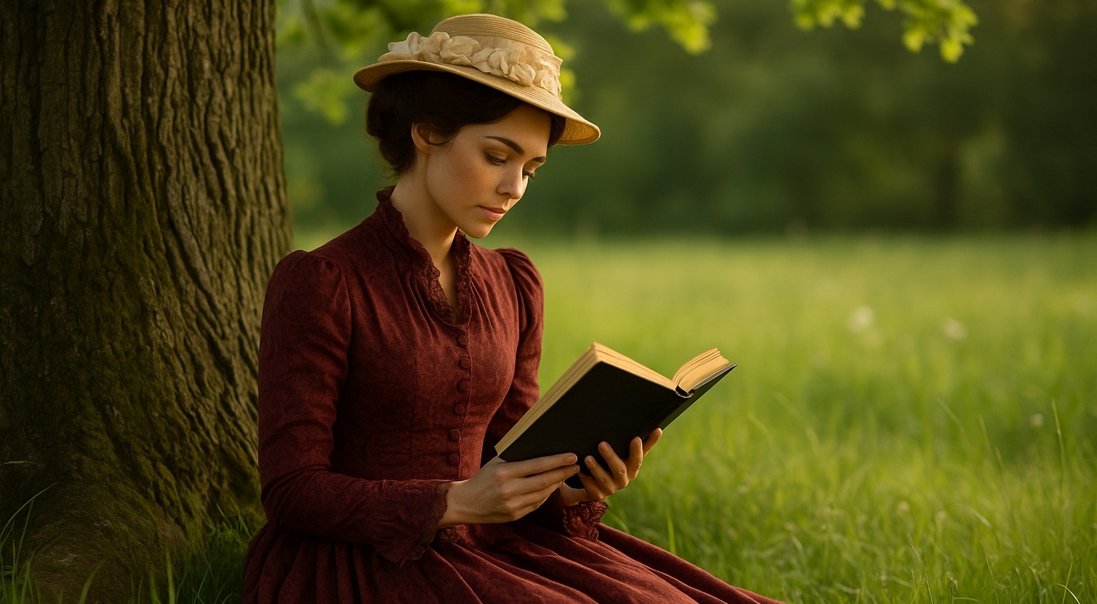 woman reading under tree